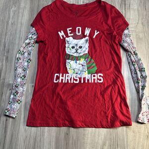 Wound Up Girl's Meowy Christmas Cat Long-Sleeve Shirt Junior Size XXL (19)
